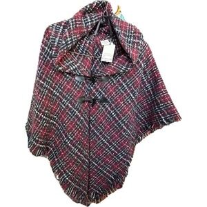 St Johns Bay Red Multi Plaid Hooded Toggle Poncho Cape One Size NWT